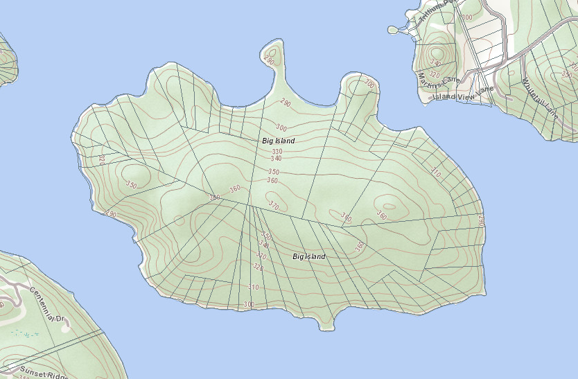 Topographical Map of Big Island Island on Lake Vernon