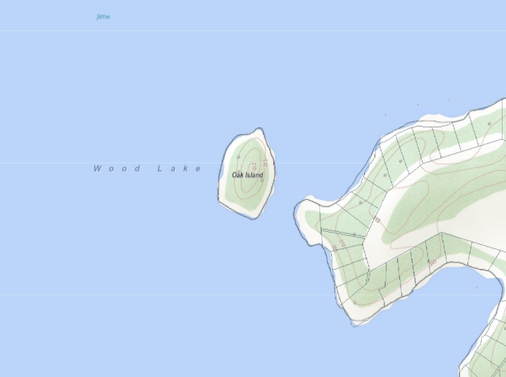Topographical Map of Oak Island Island on Wood Lake