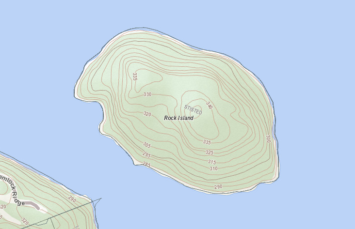 Topographical Map of Rock Island Island on Lake Vernon