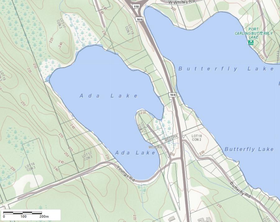 Topographical Map of Ada Lake in Municipality of Muskoka Lakes and the District of Muskoka