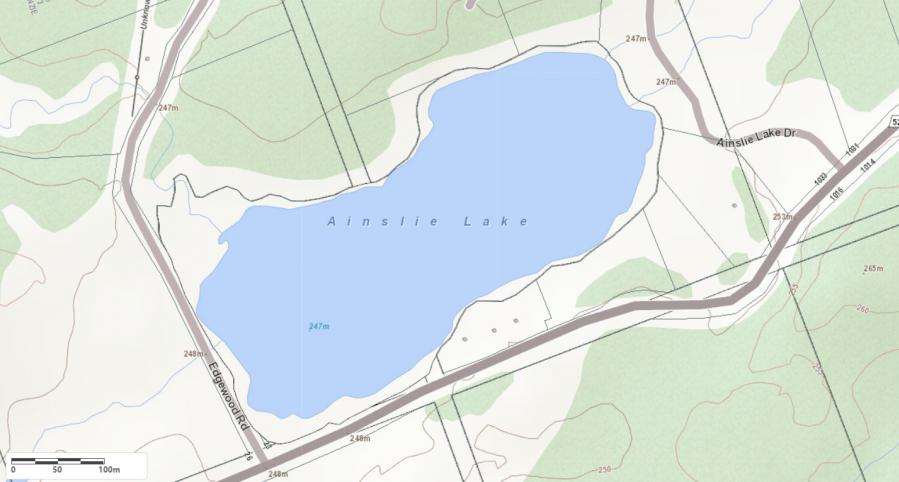 Topographical Map of Ainslie Lake in Municipality of Whitestone and the District of Parry Sound