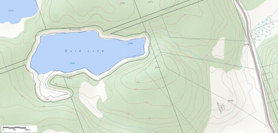 Topographical Map of Bard Lake in Municipality of McDougall and the District of Parry Sound