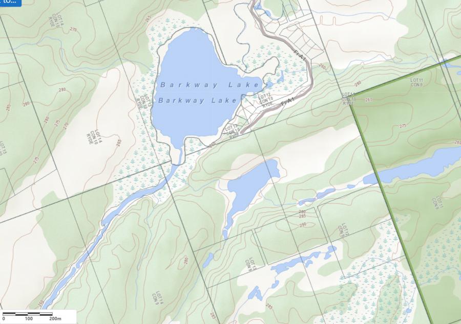 Topographical Map of Barkway Lake in Municipality of Gravenhurst and the District of Muskoka