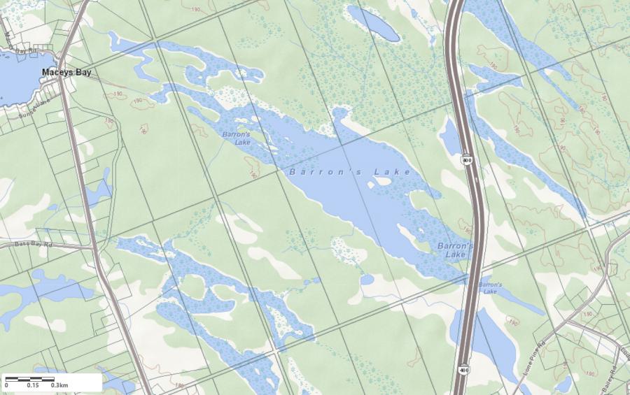 Topographical Map of Barrons Lake in Municipality of Georgian Bay and the District of Muskoka