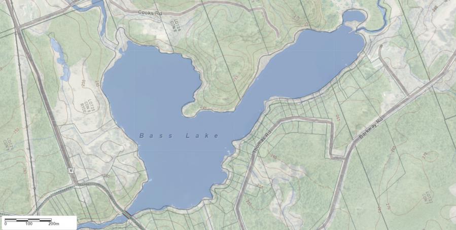 Topographical Map of Bass Lake in Municipality of Gravenhurst and the District of Muskoka