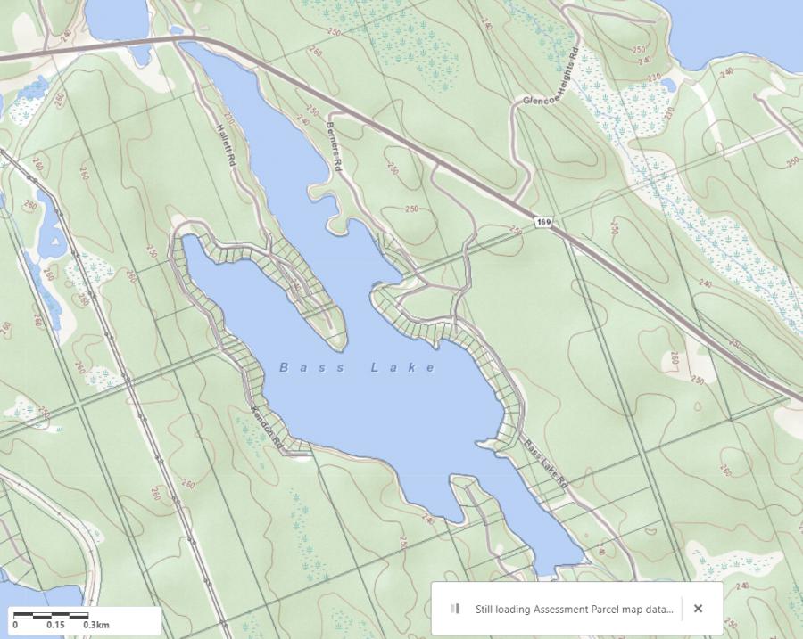 Topographical Map of Bass Lake in Municipality of Muskoka Lakes and the District of Muskoka