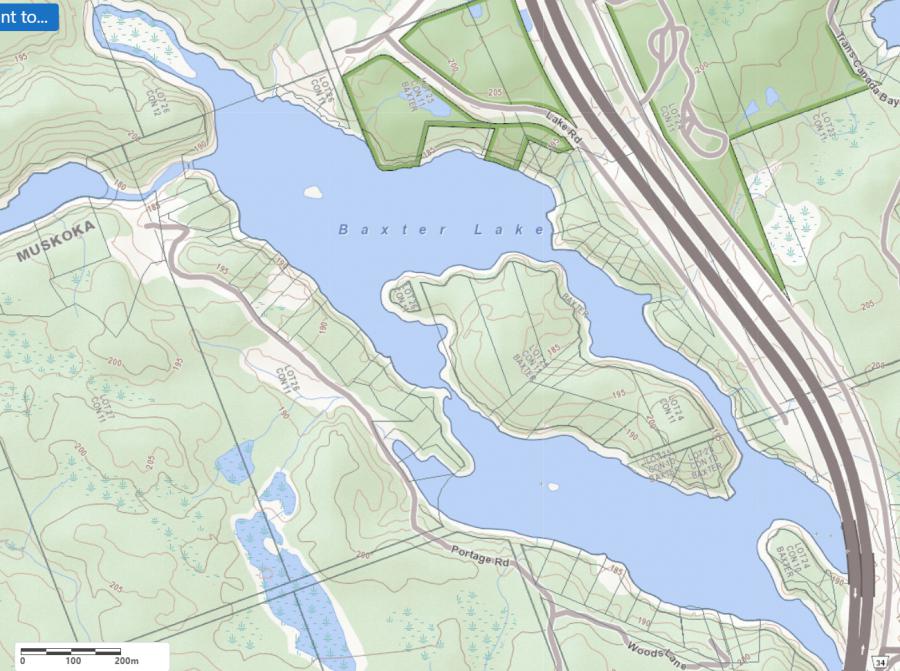 Topographical Map of Baxter Lake in Municipality of Georgian Bay and the District of Muskoka