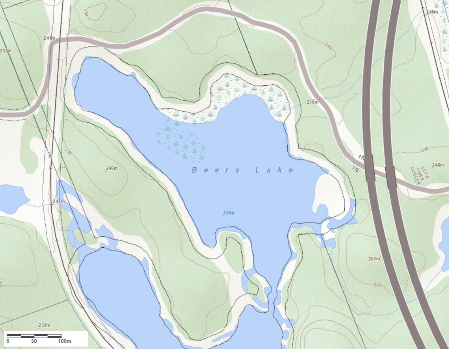 Topographical Map of Beers Lake in Municipality of Seguin and the District of Parry Sound