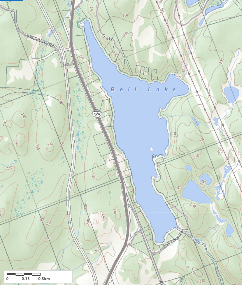 Topographical Map of Bell Lake in Municipality of McDougall and the District of Parry Sound