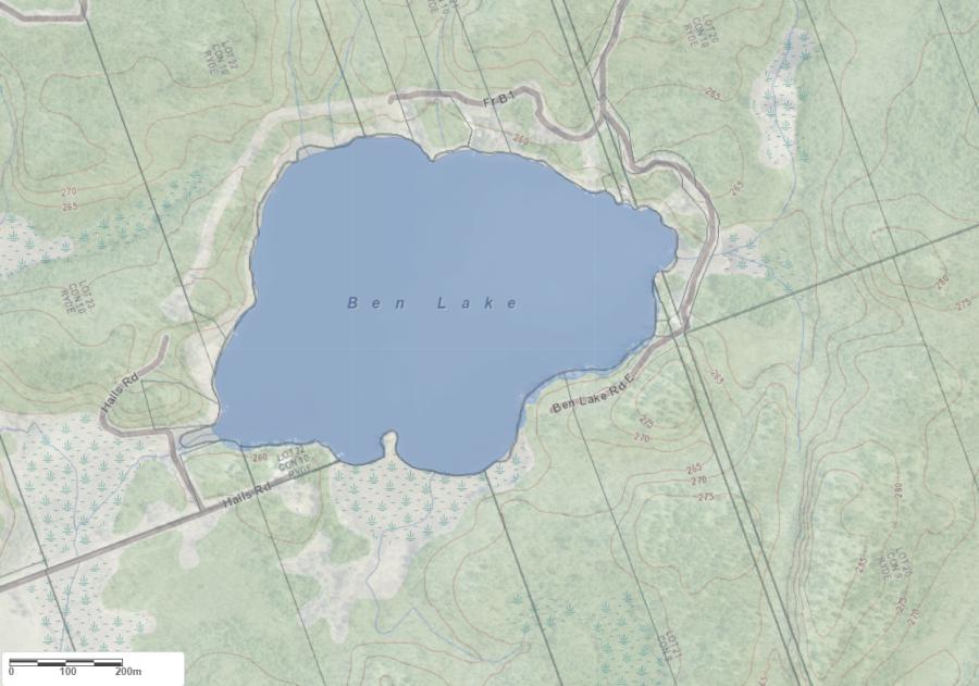 Topographical Map of Ben Lake in Municipality of Gravenhurst and the District of Muskoka