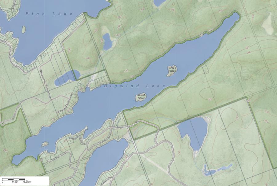 Topographical Map of Bigwind Lake in Municipality of Bracebridge and the District of Muskoka