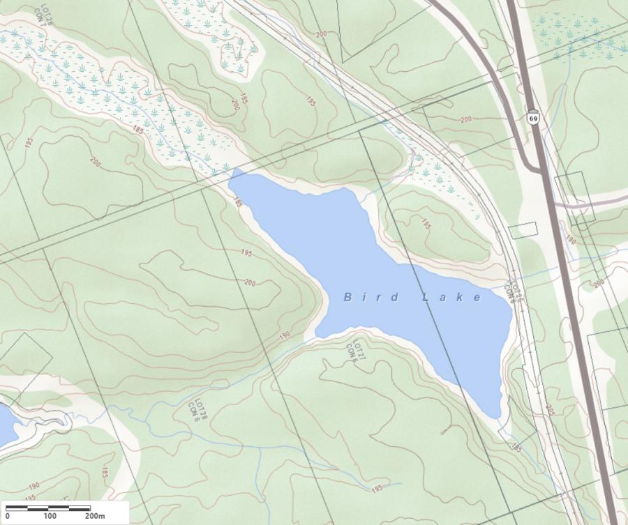 Topographical Map of Bird Lake in Municipality of Archipelago and the District of Parry Sound