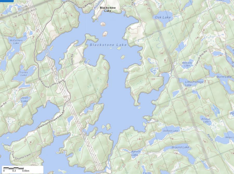Topographical Map of Blackstone Lake in Municipality of Archipelago and the District of Parry Sound