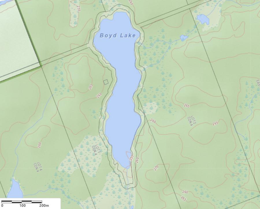 Topographical Map of Boyd Lake in Municipality of Whitestone and the District of Parry Sound