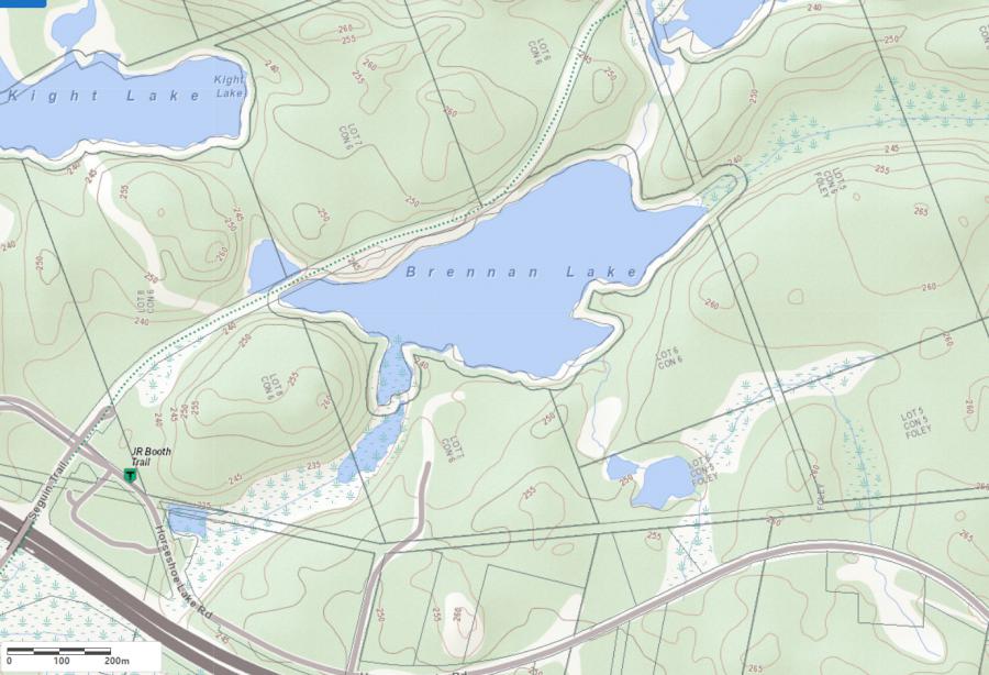 Topographical Map of Brennan Lake in Municipality of Seguin and the District of Parry Sound