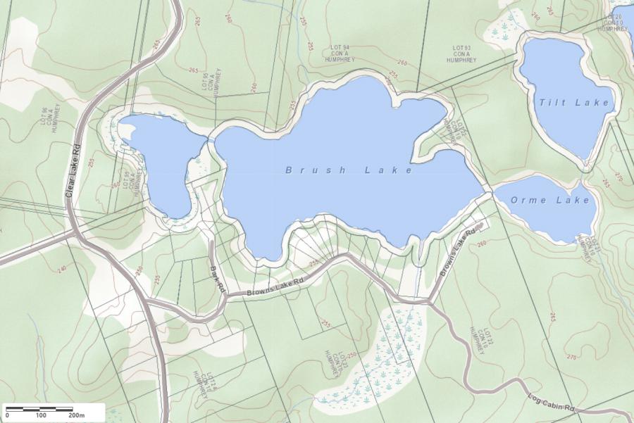 Topographical Map of Brush Lake in Municipality of Seguin and the District of Parry Sound