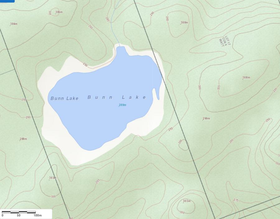 Topographical Map of Bunn Lake in Municipality of Muskoka Lakes and the District of Muskoka