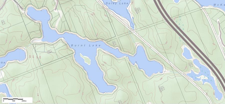 Topographical Map of Burnt Lake in Municipality of Archipelago and the District of Parry Sound