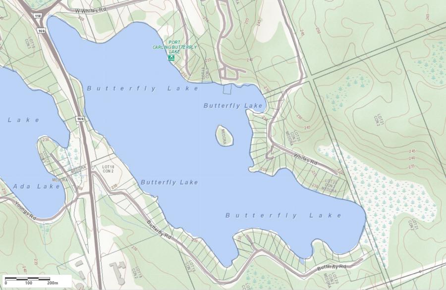 Topographical Map of Butterfly Lake in Municipality of Muskoka Lakes and the District of Muskoka