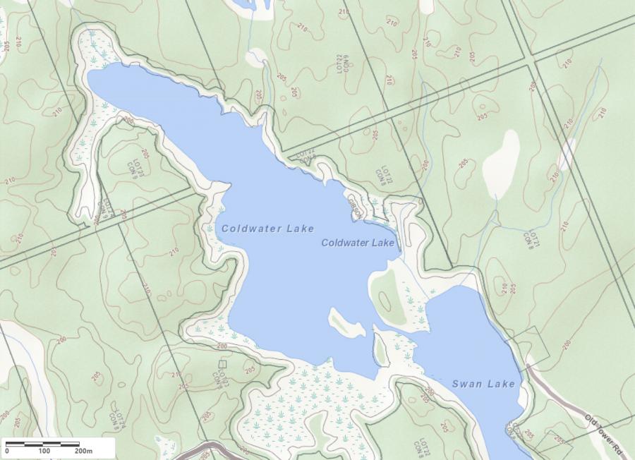 Topographical Map of Coldwater Lake in Municipality of Georgian Bay and the District of Muskoka