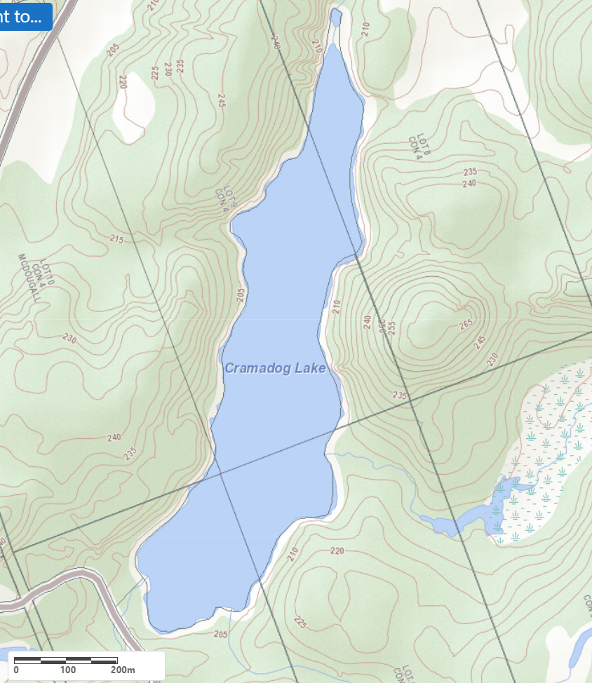 Topographical Map of Cramadog Lake in Municipality of McDougall and the District of Parry Sound