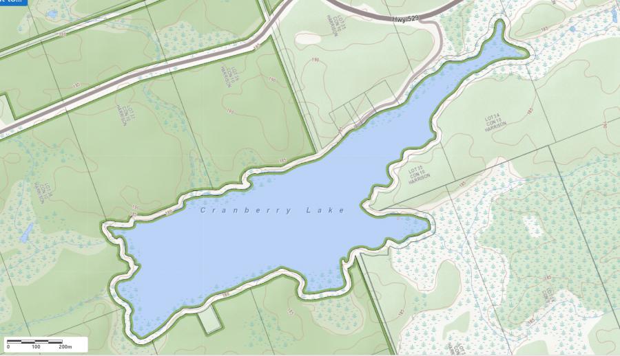 Topographical Map of Cranberry Lake in Municipality of Archipelago and the District of Parry Sound