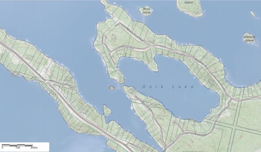 Topographical Map of Dark Lake in Municipality of Muskoka Lakes and the District of Muskoka