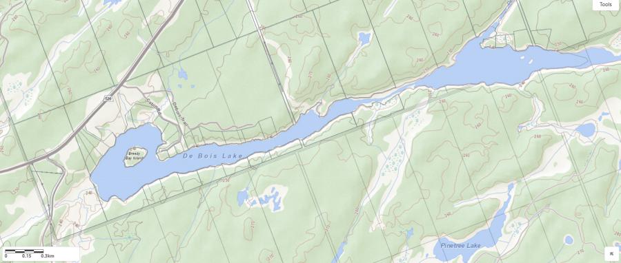 Topographical Map of De Bois Lake in Municipality of Whitestone and the District of Parry Sound