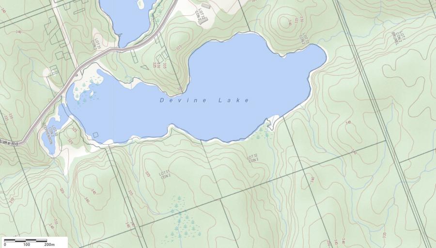 Topographical Map of Devine Lake in Municipality of Huntsville and the District of Muskoka