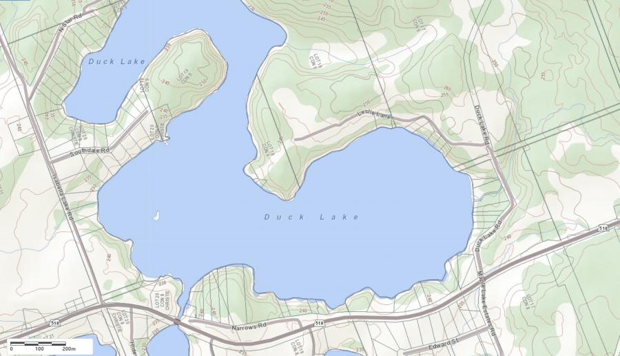 Topographical Map of Duck Lake in Municipality of Seguin and the District of Parry Sound