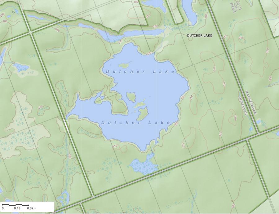 Topographical Map of Dutcher Lake in Municipality of McKellar and the District of Parry Sound
