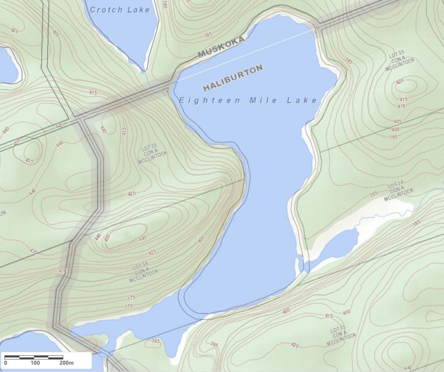Topographical Map of Eighteen Mile Lake in Municipality of Algonquin Highlands and the District of Haliburton