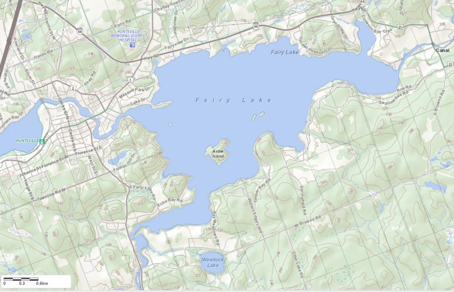 Topographical Map of Fairy Lake in Municipality of Huntsville and the District of Muskoka