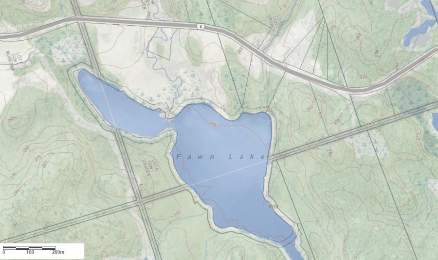 Topographical Map of Fawn Lake in Municipality of Gravenhurst and the District of Muskoka