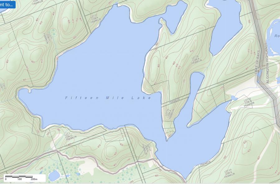 Topographical Map of Fifteen Mile Lake in Municipality of Lake of Bays and the District of Muskoka