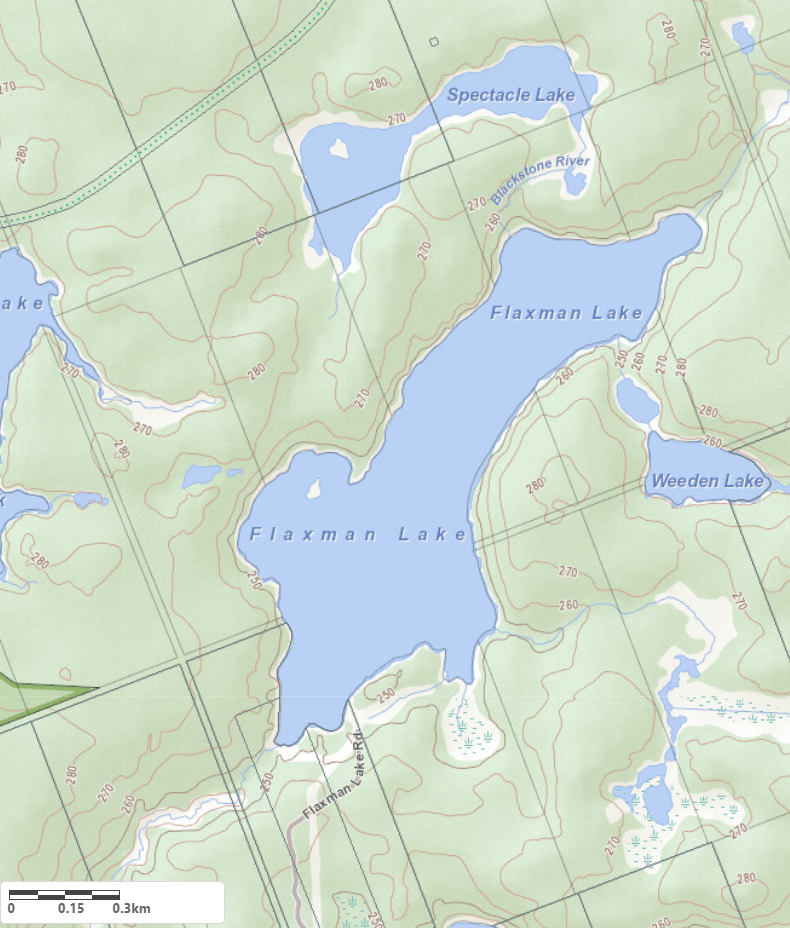 Topographical Map of Flaxman Lake in Municipality of Seguin and the District of Parry Sound