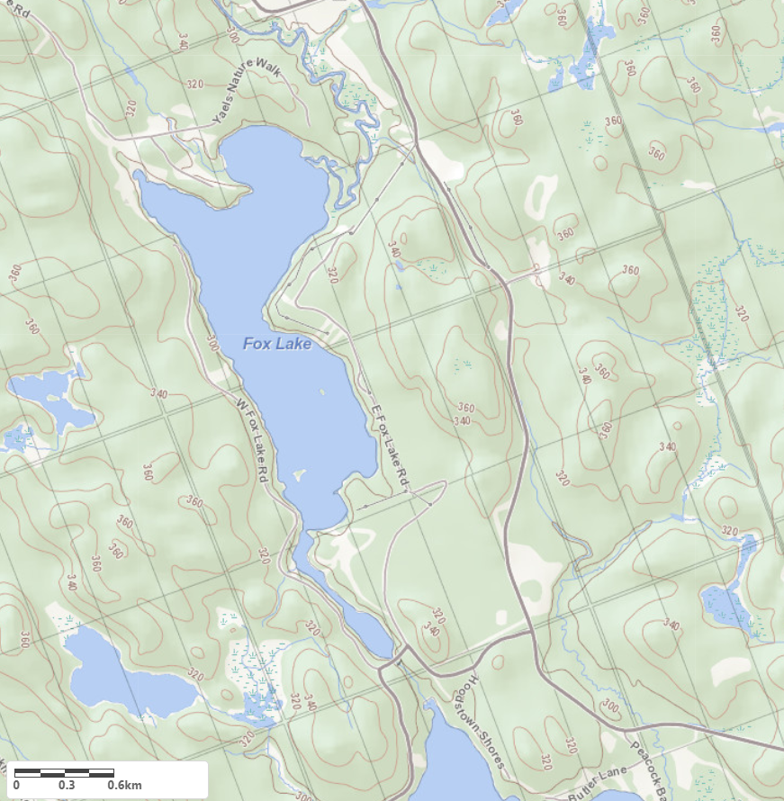 Topographical Map of Fox Lake in Municipality of Huntsville and the District of Muskoka