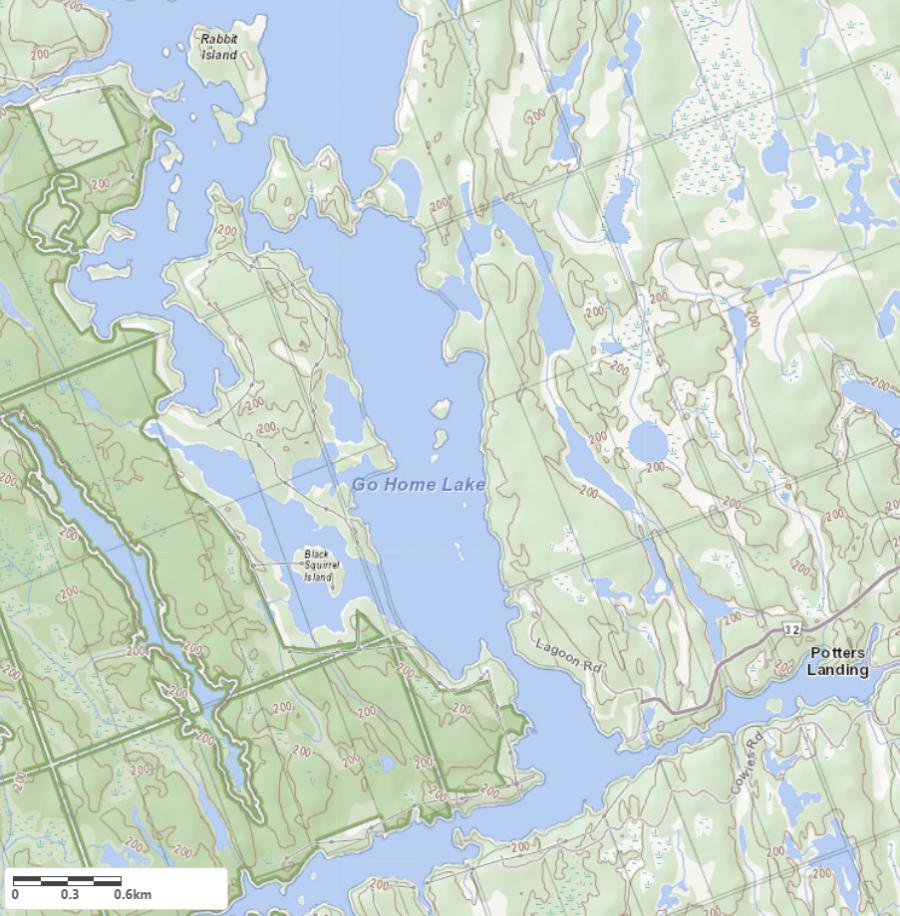 Topographical Map of Go Home Lake in Municipality of Georgian Bay and the District of Muskoka