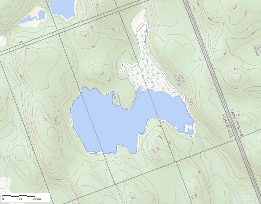 Topographical Map of Greens Lake in Municipality of Huntsville and the District of Muskoka
