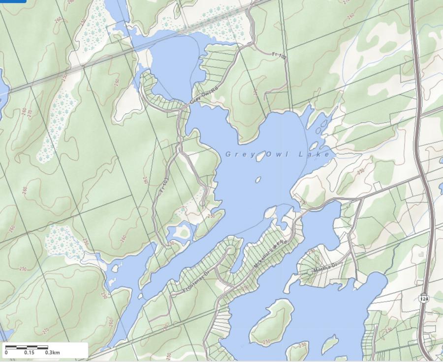 Topographical Map of Grey Owl Lake in Municipality of McKellar and the District of Parry Sound