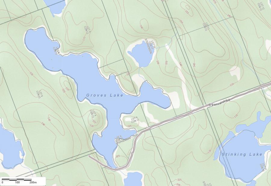 Topographical Map of Groves Lake in Municipality of Huntsville and the District of Muskoka