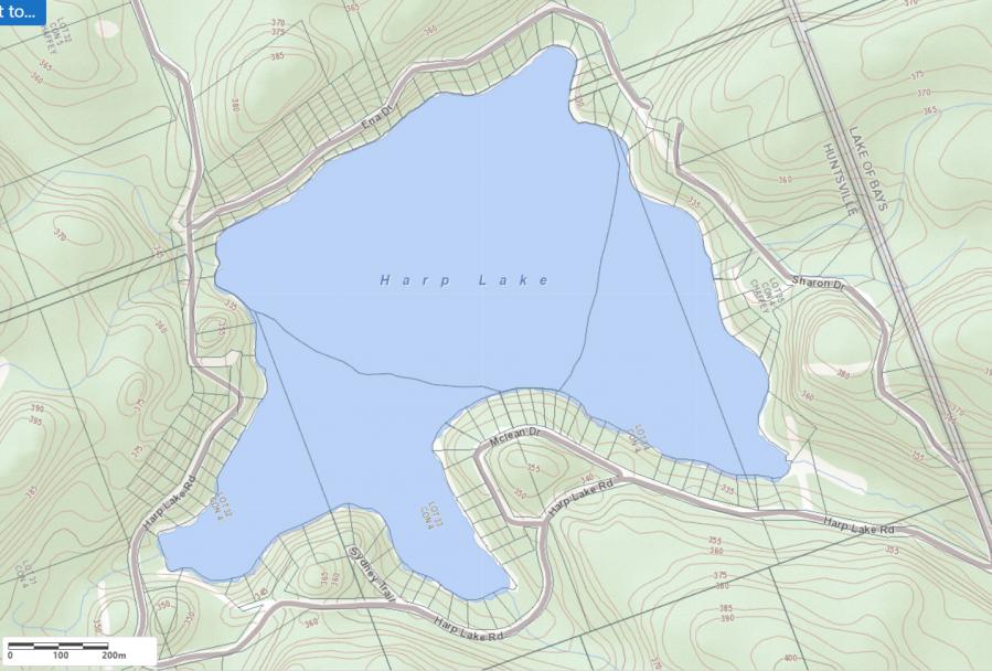 Topographical Map of Harp Lake in Municipality of Huntsville and the District of Muskoka