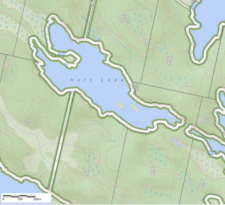 Topographical Map of Hart Lake in Municipality of Muskoka Lakes and the District of Muskoka