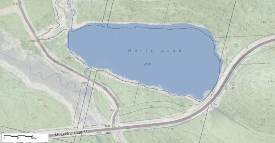 Topographical Map of Harts Lake in Municipality of Muskoka Lakes and the District of Muskoka