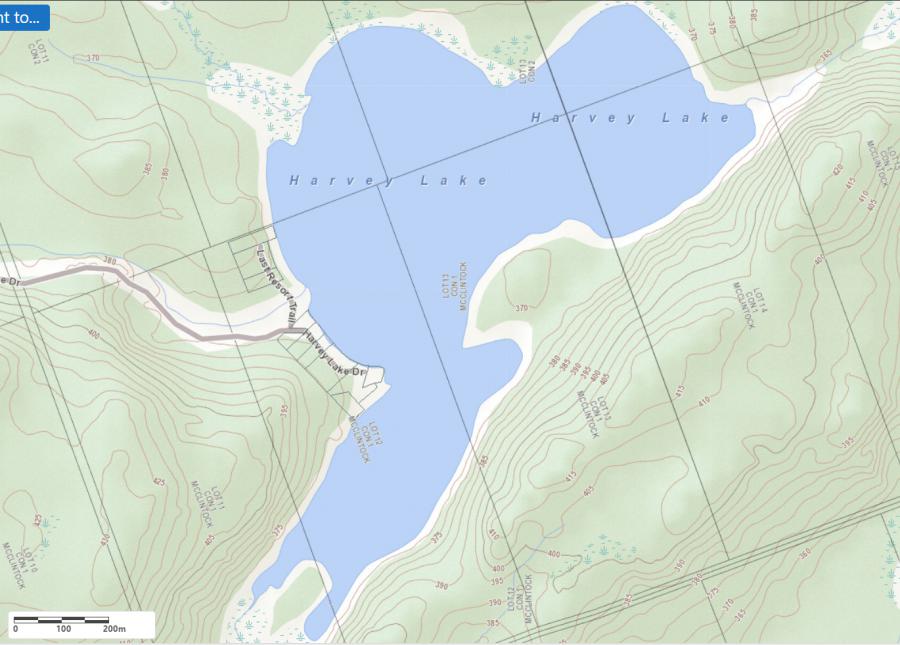 Topographical Map of Harvey Lake in Municipality of Algonquin Highlands and the District of Haliburton
