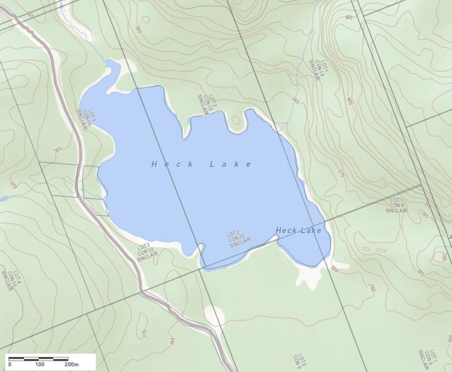 Topographical Map of Heck Lake in Municipality of Lake of Bays and the District of Muskoka