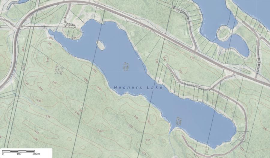 Topographical Map of Hesners Lake in Municipality of Muskoka Lakes and the District of Muskoka