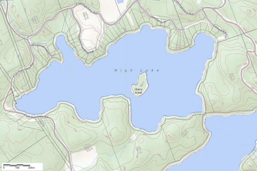 Topographical Map of High Lake in Municipality of Muskoka Lakes and the District of Muskoka