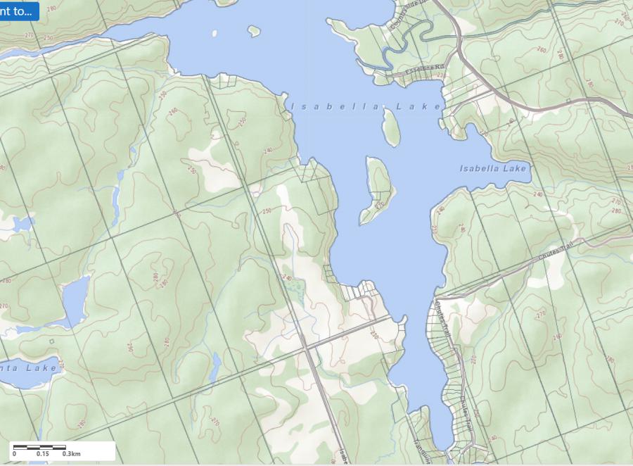 Topographical Map of Isabella Lake in Municipality of Seguin and the District of Parry Sound