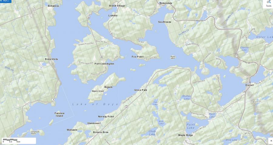 Topographical Map of Lake of Bays in Municipality of Lake of Bays and the District of Muskoka
